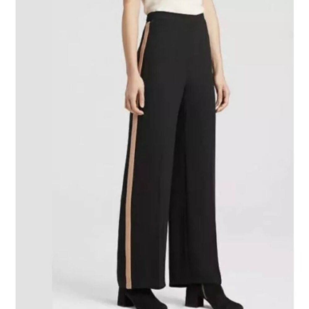 Eileen Fisher Georgette Silk Crepe Side Stripe Straight Leg Trouser Pants Black